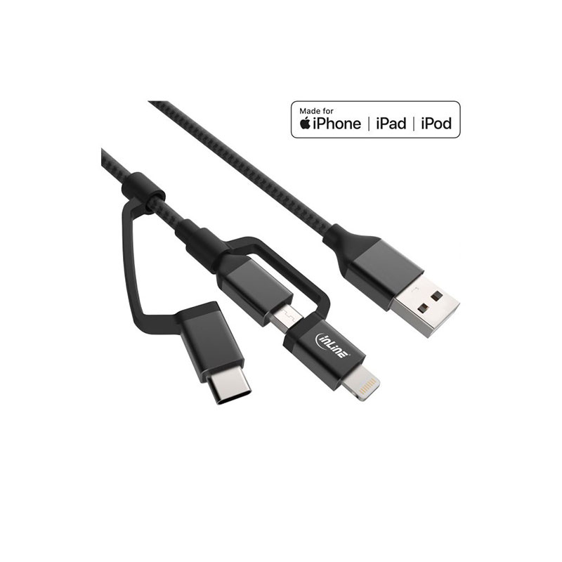 USB Kabel, Micro-USB, Lightning, USB Typ-C, schwarz/Alu, 1,5m